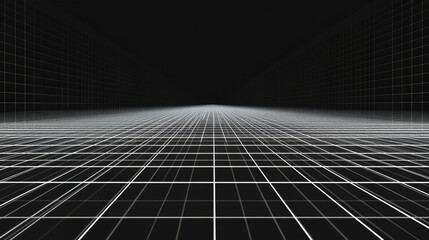 Wall Mural - Futuristic perspective grid box. Abstract wireframe with white grid line on black background. Virtual reality landscape in 80s 90s digital style. Vector illustration