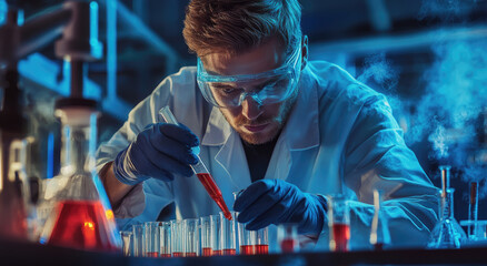 Poster - A scientist is working in the laboratory, creating test tubes with red liquid inside and blue light around them