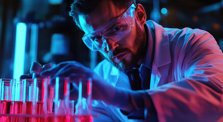 Wall Mural - A scientist is working in the laboratory, creating test tubes with red liquid inside and blue light around them