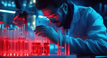 Wall Mural - A scientist is working in the laboratory, creating test tubes with red liquid inside and blue light around them