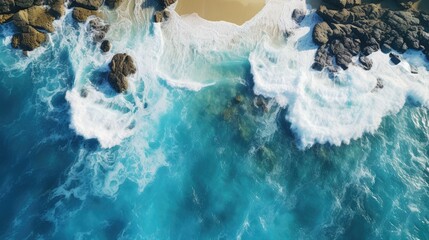 Poster - Waves crashing on a rocky coastline seen from above