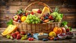 © Sirinporn - Vibrant arrangement of freshly picked fruits, gourmet cheeses, and artisanal treats overflowing from a beautifully woven wicker basket on a rustic wooden table.