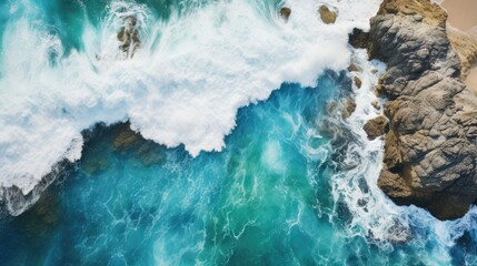 Poster - Waves crashing on a rocky coastline seen from above