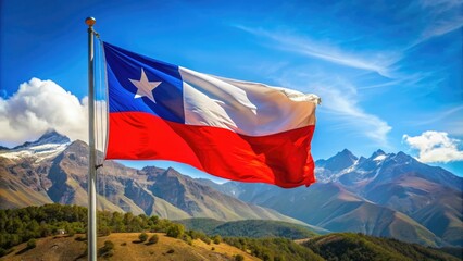 Vibrant Chilean flag waves proudly in the Andes mountain breeze, symbolizing national pride and freedom on Independence Day, amidst a scenic blue sky backdrop.