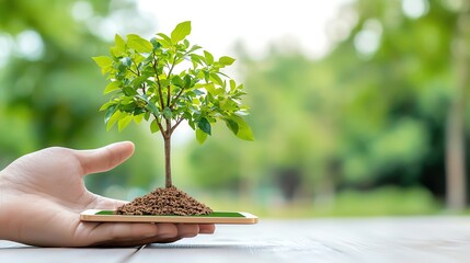 A hand holding a small tree, symbolizing growth and environmental care, promoting sustainability and green living. Carbon Neutrality concept.