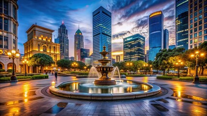 Vibrant city square at dusk, featuring a grand fountain, ornate street lamps, and sleek skyscrapers towering above, set against a deep blue night sky.