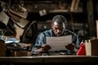 © Nena Photo - A man sits at a cluttered desk in a dimly lit room, reading an important document that reflects a serious and focused demeanor in a chaotic environment.