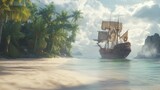 A pirate ship next to an island