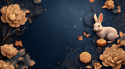 Wall Mural - A gold rabbit with flowers and butterflies on a dark background, evoking a festive and elegant atmosphere.