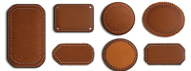 set of brown isolated realistic leather patch. label tag with seam template on transparent backgroun
