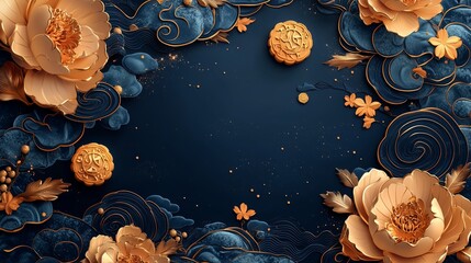 Wall Mural - Golden floral arrangement and mooncakes on a dark blue background, ideal for cultural festivals and elegant designs.