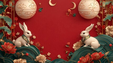 Wall Mural - Two white rabbits with a red and gold floral background, evoking Mid-Autumn Festival or Lunar New Year themes.