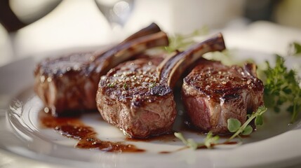 Juicy grilled lamb chops garnished with fresh herbs, served on a white plate with a savory sauce drizzle, ideal for gourmet cuisine photography.