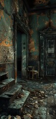 Eerie abandoned room with peeling paint, scattered debris, and a haunting atmosphere. A chair stands by the doorway, enhancing the desolation.