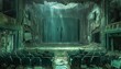 © AlexCaelus - Eerie abandoned theater with decaying seats, a damaged stage, and shafts of light breaking through the dilapidated ceiling.