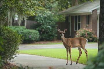 A Young Doe Stands on a Sidewalk in a Residential Neighborhood