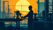© WorkLife Images - 夕日が照らす背景と工場で働くスタッフのシルエットイラスト背景
