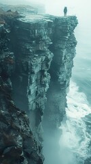 Poster - Dramatic Cliffside Landscape with Fog and Waves