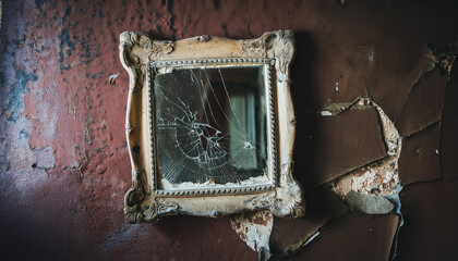 Wall Mural - Broken vintage mirror with cracks in abandoned house interior. Ruined building.