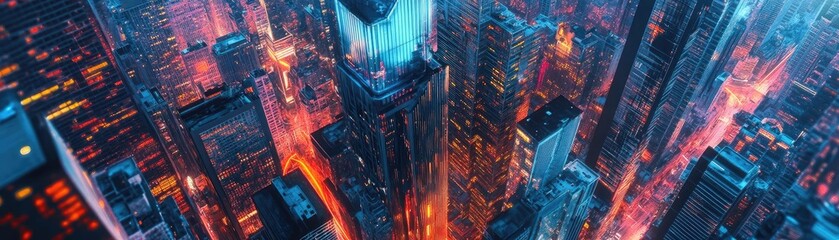 Poster - Aerial view of a futuristic cityscape with vibrant neon lights and towering skyscrapers, showcasing modern architecture at night.