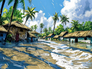 Wall Mural - A painting of a village with houses and palm trees. The painting has a mood of sadness and loneliness