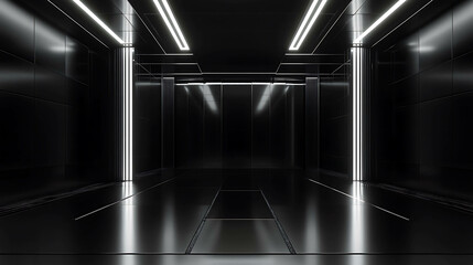 A sleek, minimalist black elevator interior illuminated by bright white lights, creating a futuristic and sophisticated atmosphere.