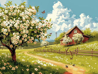 Wall Mural - A painting of a rural scene with a tree, a house, and a road. The mood of the painting is peaceful and serene