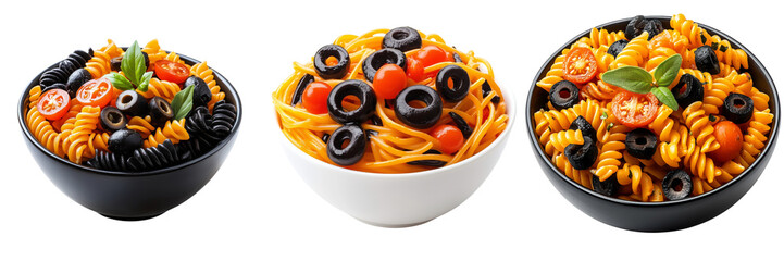 set of a bowl of Halloween-themed pasta with orange and black noodles, garnished with olives and tomatoes on a transparent background