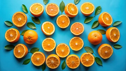 Vibrant oranges arranged in a circular pattern against a bright blue background, evoking a sense of freshness, vitality, and summertime delight.