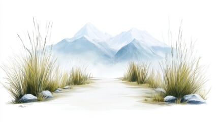 Wall Mural - A mountain range is shown in the distance with a path leading to it