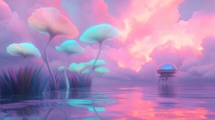 Canvas Print - a colorful, surreal landscape with a large, metallic structure in the water