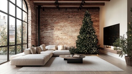 Wall Mural - A living room with a Christmas tree in the corner. The room is decorated with a white couch, a coffee table, and a potted plant. The room has a cozy and festive atmosphere