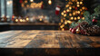 © Gulzar510 - A wooden table, out-of-focus Christmas decorations, and lights.