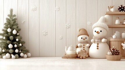 Aufkleber - A white background with a Christmas tree and two snowmen. The snowmen are wearing hats and are smiling