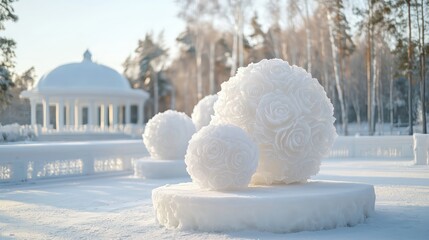 Leinwandbilder - A white snow sculpture of a rose is on a pedestal in a snowy park. The sculpture is surrounded by other snow sculptures, creating a winter wonderland atmosphere. Concept of tranquility and beauty