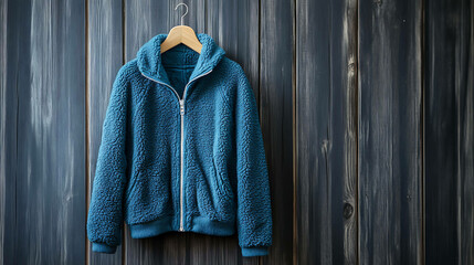 Sticker - Blue sherpa jacket hanging on a wooden hanger against a wood panel background.