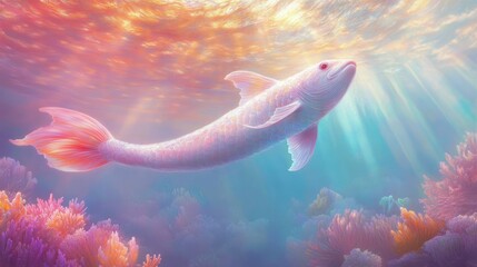 A white fish with a pink tail swims in a colorful ocean