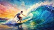 © Sirinporn - Vibrant watercolor illustration of a surfer riding a wave, with soft brushstrokes and blended colors evoking a sense of freedom and oceanic serenity.