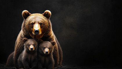 Cute brown bear family mother and two cubs isolated on dark background with copy space. Perfect for wildlife conservation and environmental campaigns.