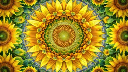 Vibrant yellow sunflowers bloom around a intricate, symmetrical mandala design, blending nature's beauty with spiritual geometry in a stunning, colorful summer landscape.