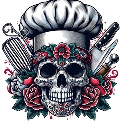 Wall Mural - Skull with chef hat and flowers lively lively