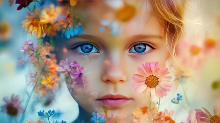 a captivating portrait of a young girl surrounded by vibrant flowers, showcasing innocence and the b