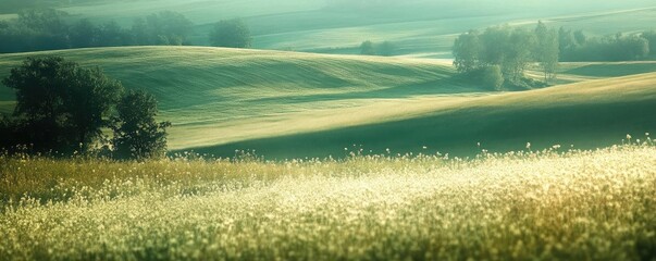 Wall Mural - Serene landscape showcasing rolling hills and vibrant greenery under soft sunlight. Perfect for nature enthusiasts and tranquility seekers.