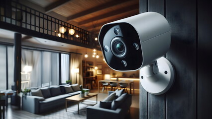 Close-up view of a modern home security camera monitoring vigilantly