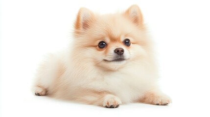 Wall Mural - A small dog with a fluffy coat is laying on a white background