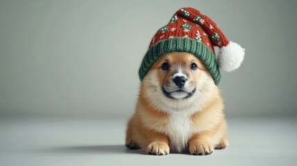 A playful corgi lounges with a warm expression, dressed in a cozy holiday hat