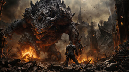 Fierce dragon confronts armored warrior in apocalyptic fantasy landscape, burning city and ominous castles loom in smoky background