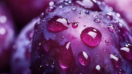 Close-Up of a Ripe Plum with Water Droplets in Morning Light