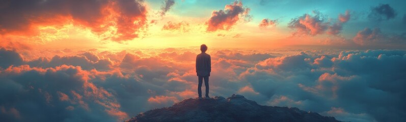 Wall Mural - Man standing on a mountain looking at the sky, travel concept, banner, copy space