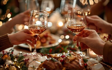 Friends toasting with wine glasses over a beautifully set holiday dinner table, celebrating together in a warm and festive atmosphere.